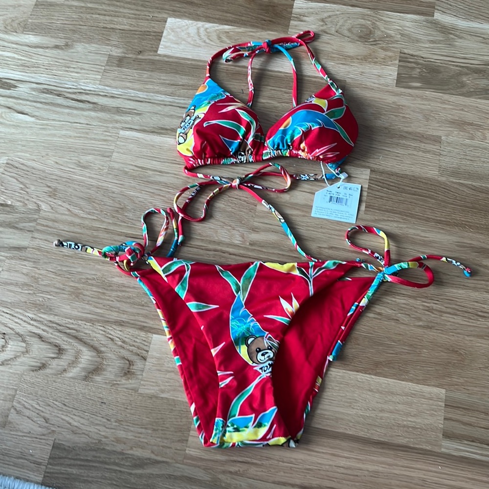 New moschino red teddy tropical print bikini set